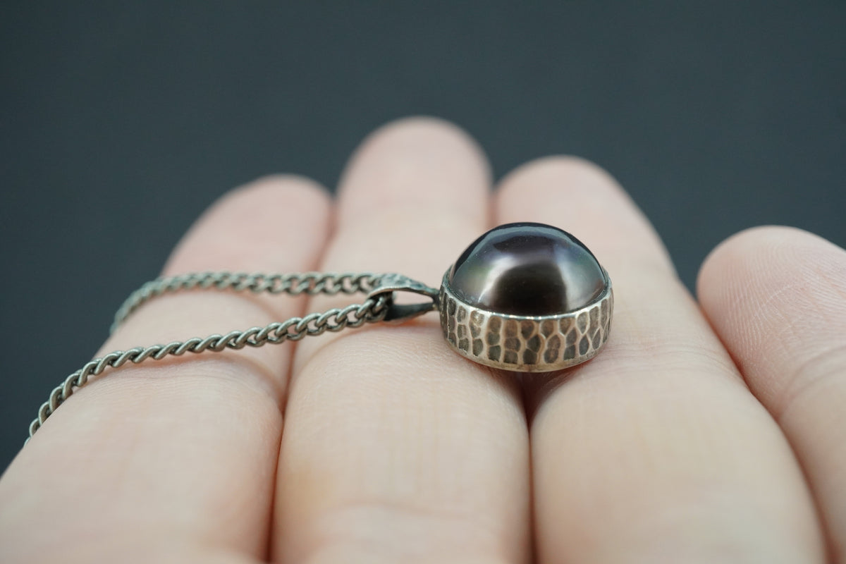 Pearl Sterling Silver Oxidised Round Pendant