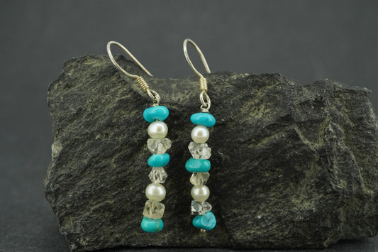Turquoise, Herkimer 'Diamond' & Pearl Sterling Silver Earrings
