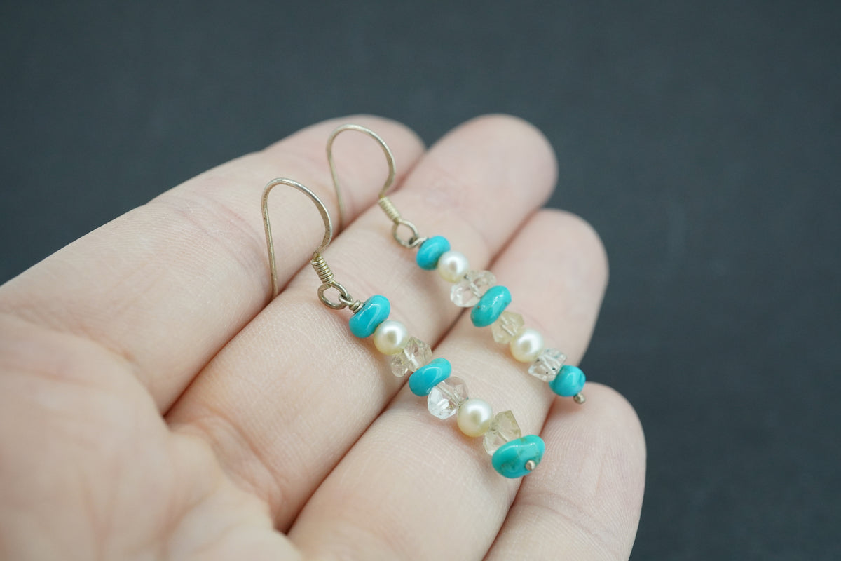 Turquoise, Herkimer 'Diamond' & Pearl Sterling Silver Earrings