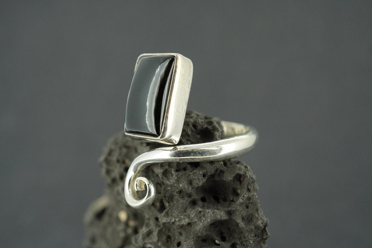 Black Tourmaline Sterling Silver Rectangle Trinity Ring