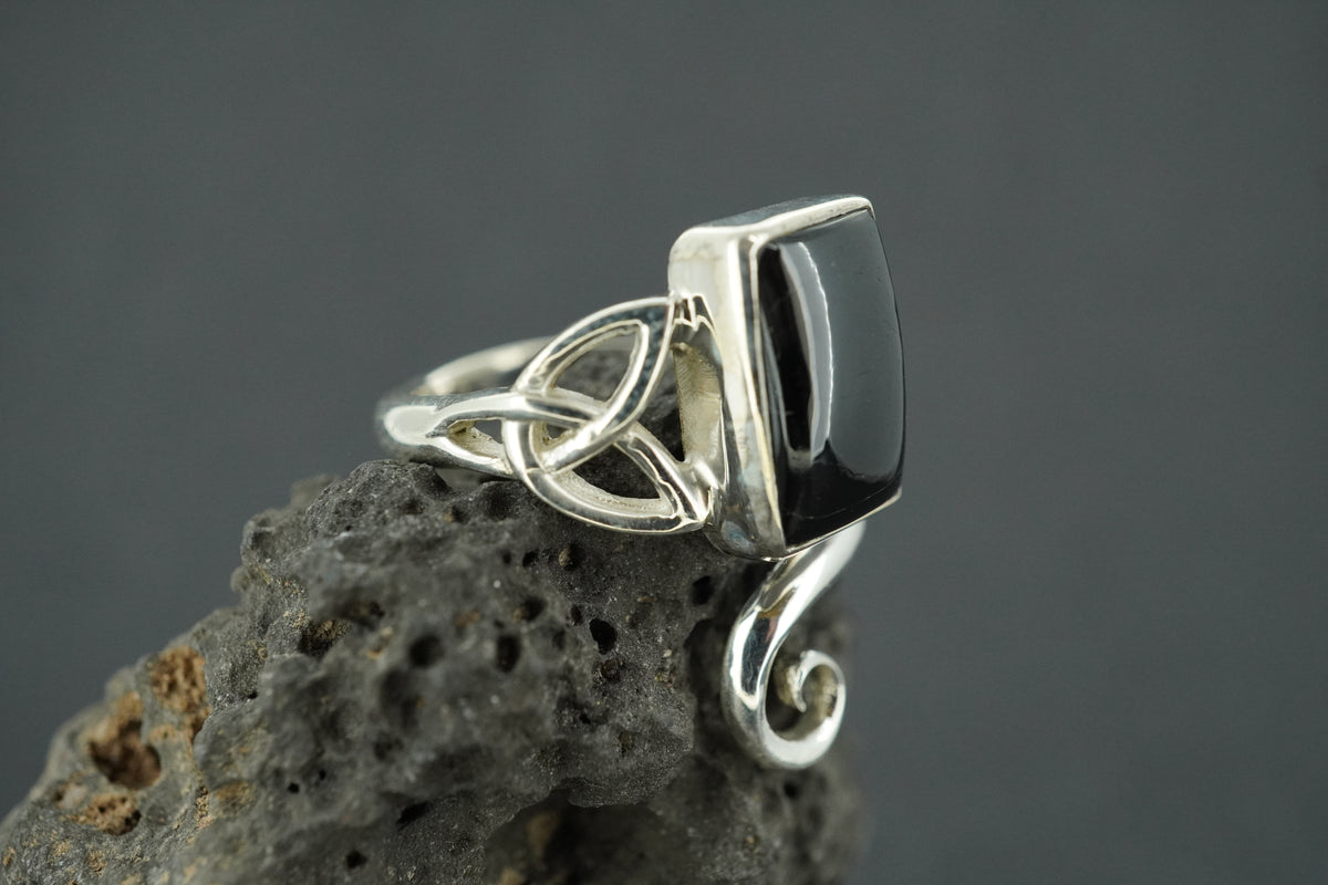 Black Tourmaline Sterling Silver Rectangle Trinity Ring
