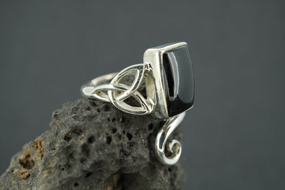Black Tourmaline Sterling Silver Rectangle Trinity Ring