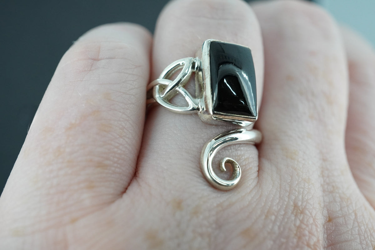 Black Tourmaline Sterling Silver Rectangle Trinity Ring