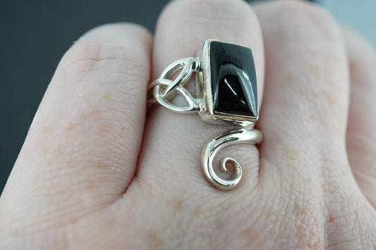 Black Tourmaline Sterling Silver Rectangle Trinity Ring