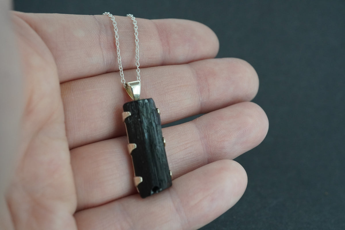 Black Tourmaline Shard Sterling Silver Pendant