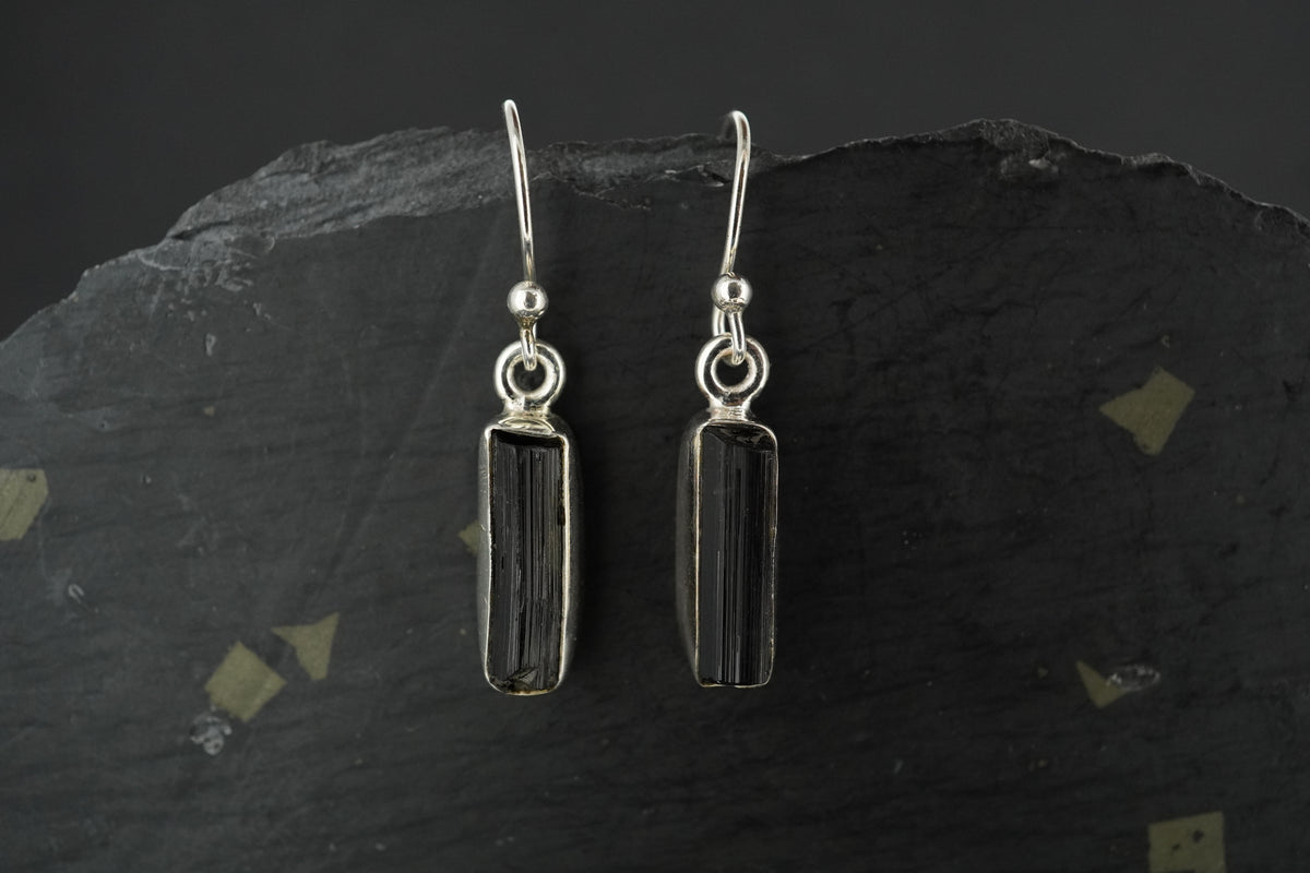 Black Tourmaline Crystal Shard Sterling Silver Earrings