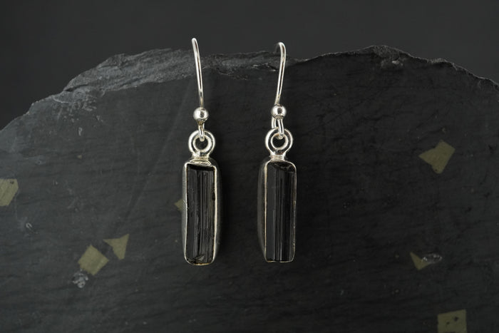 Black Tourmaline Crystal Shard Sterling Silver Earrings