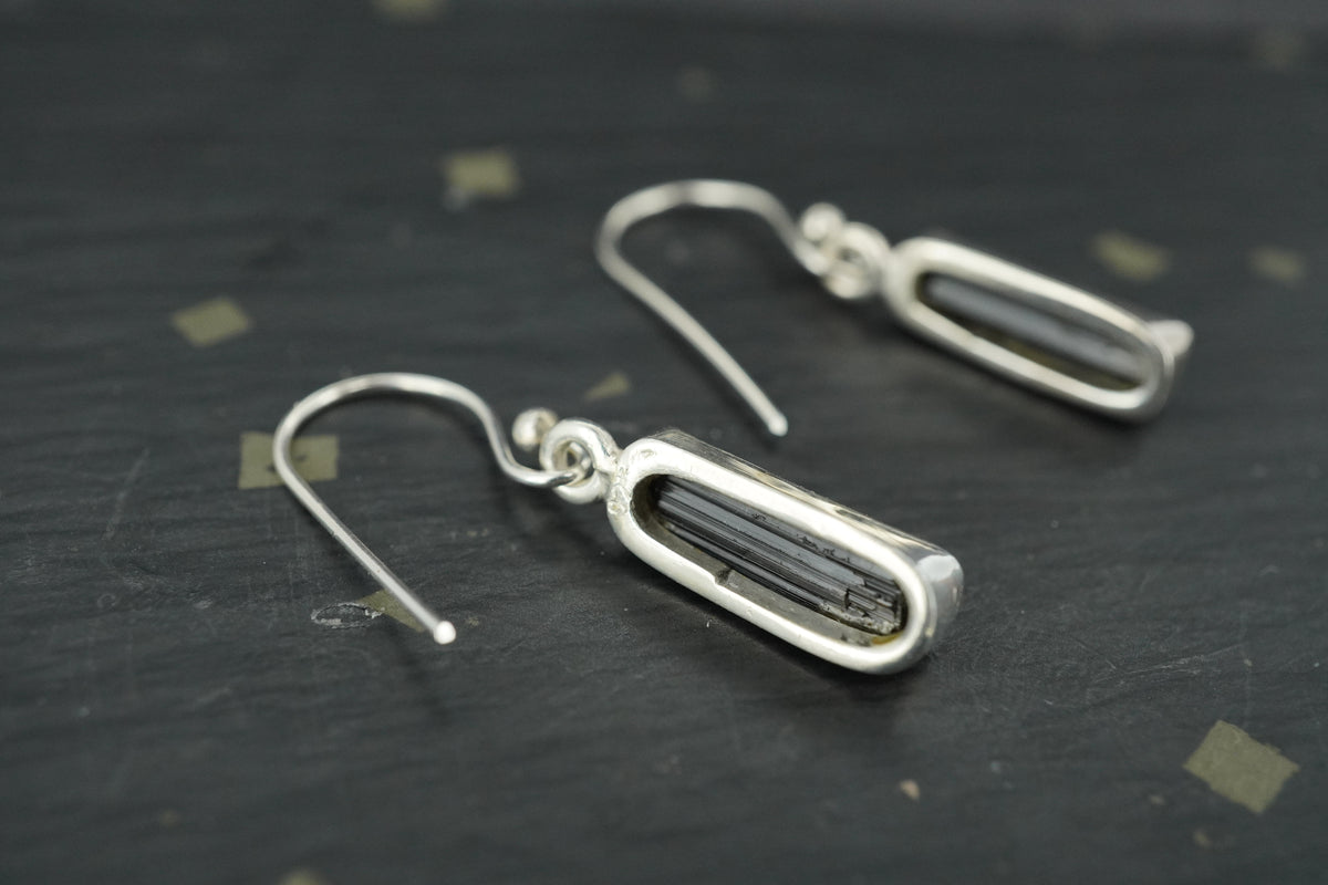 Black Tourmaline Crystal Shard Sterling Silver Earrings