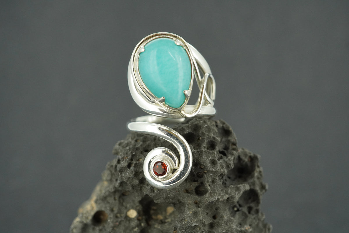 Amazonite and Garnet Sterling Silver Celtic Ring