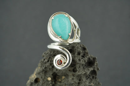 Amazonite and Garnet Sterling Silver Swirl Ring