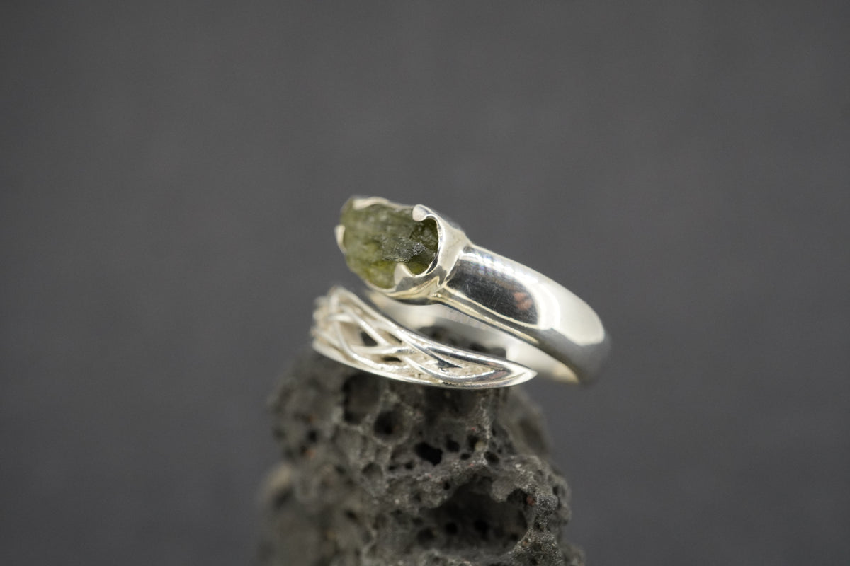 Moldavite Sterling Silver Celtic Wrap Ring