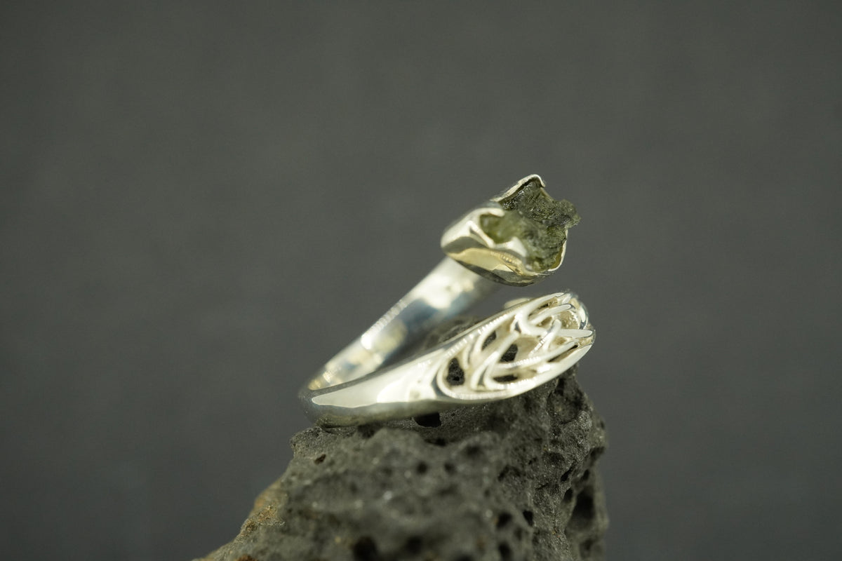 Moldavite Sterling Silver Celtic Wrap Ring
