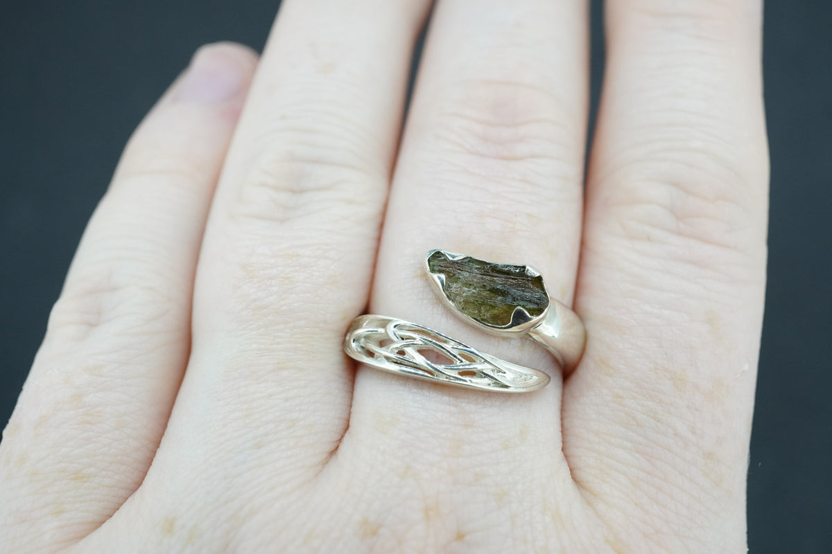 Moldavite Sterling Silver Celtic Wrap Ring