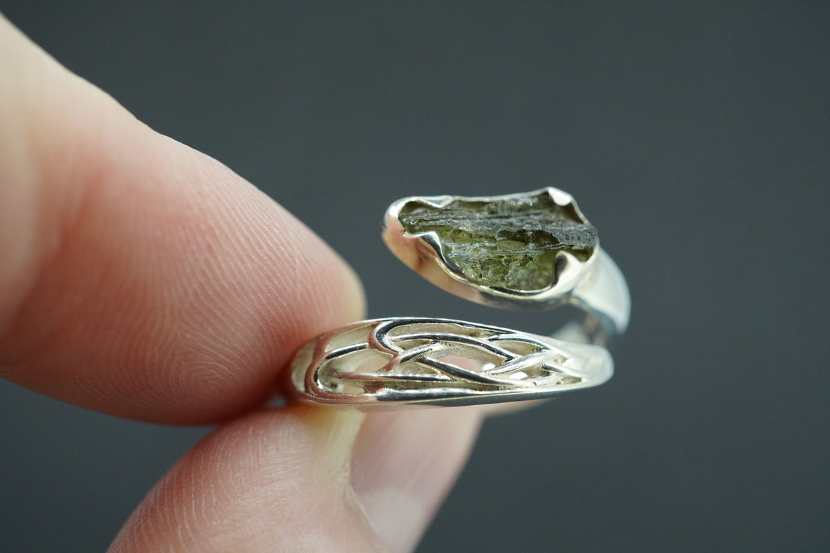 Moldavite Sterling Silver Celtic Wrap Ring
