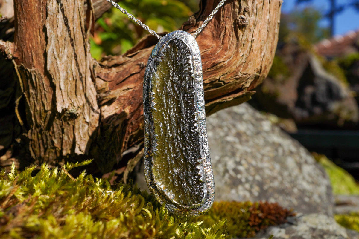 Czech Republic Moldavite & Diamond Pendant with Hand-Carved Dragon