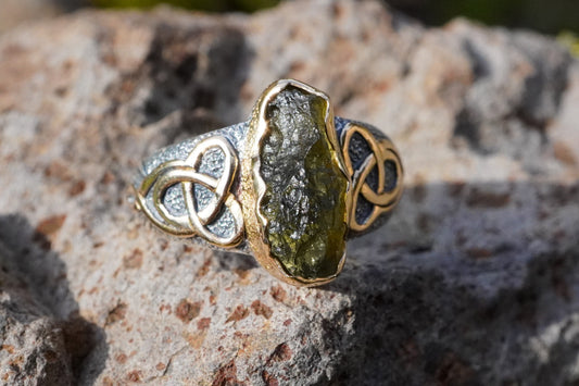 Czech Republic Moldavite Celtic Sterling Silver Ring with 18ct Gold