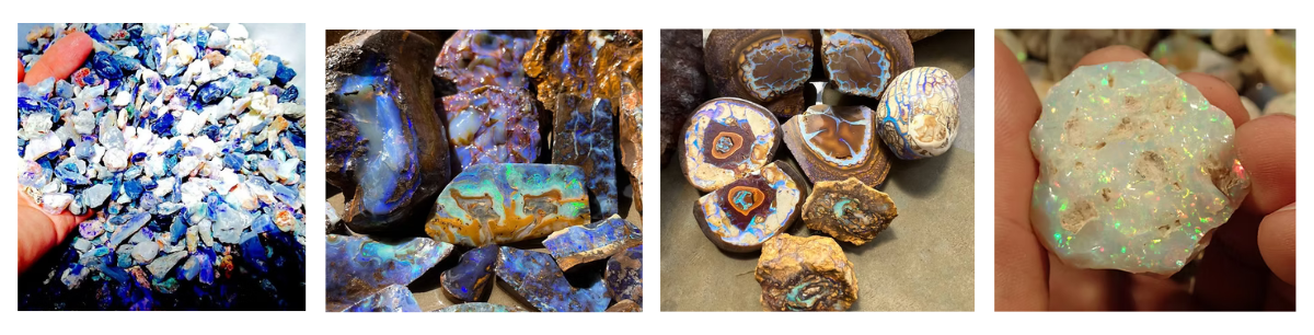 A four-panel collage showing various raw mineral specimens, opal clusters, and polished blue agate pieces, with some panels showing hands holding the items.