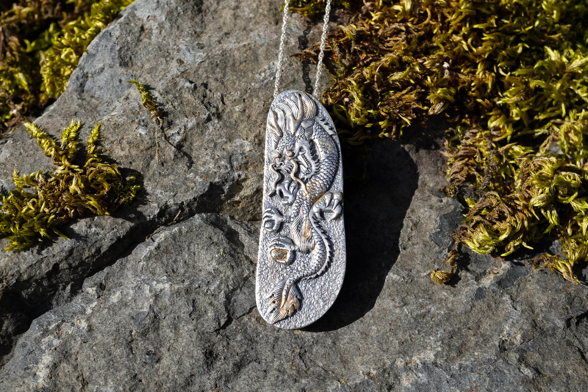 Czech Republic Moldavite & Diamond Pendant with Hand-Carved Dragon
