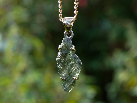 Czech Republic Moldavite & Diamond Sterling Silver Pendant with 18ct Gold