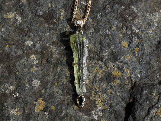 Czech Republic Long Sterling Silver Moldavite Pendant with 18ct Gold