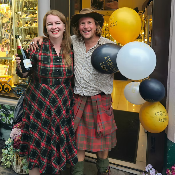 Celebrating the shop's 10th birthday in June 2025 with manager Natalie