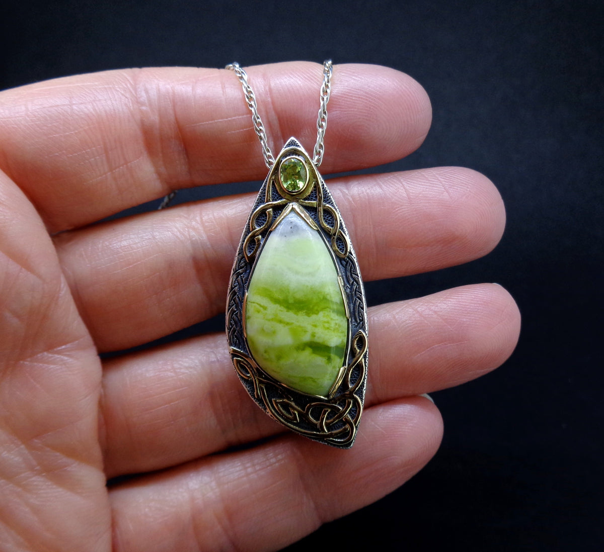 'Eilean Ceo' Skye Marble & Peridot, on a Scottish Gold & Sterling Silver Pendant image 1