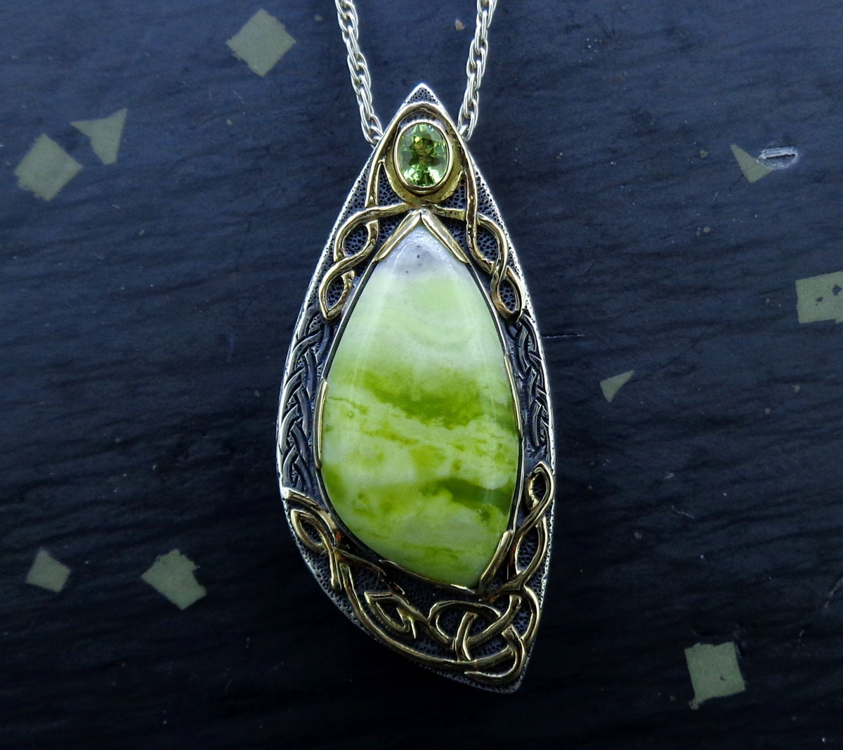 'Eilean Ceo' Skye Marble & Peridot, on a Scottish Gold & Sterling Silver Pendant image 0