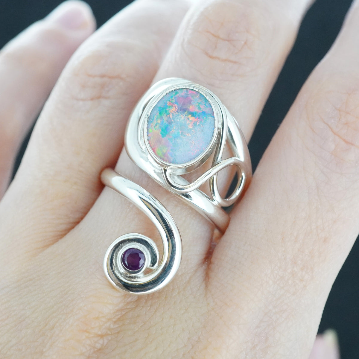 Opal Doublet & Pink Tourmaline Sterling Silver Wrap Ring image 1