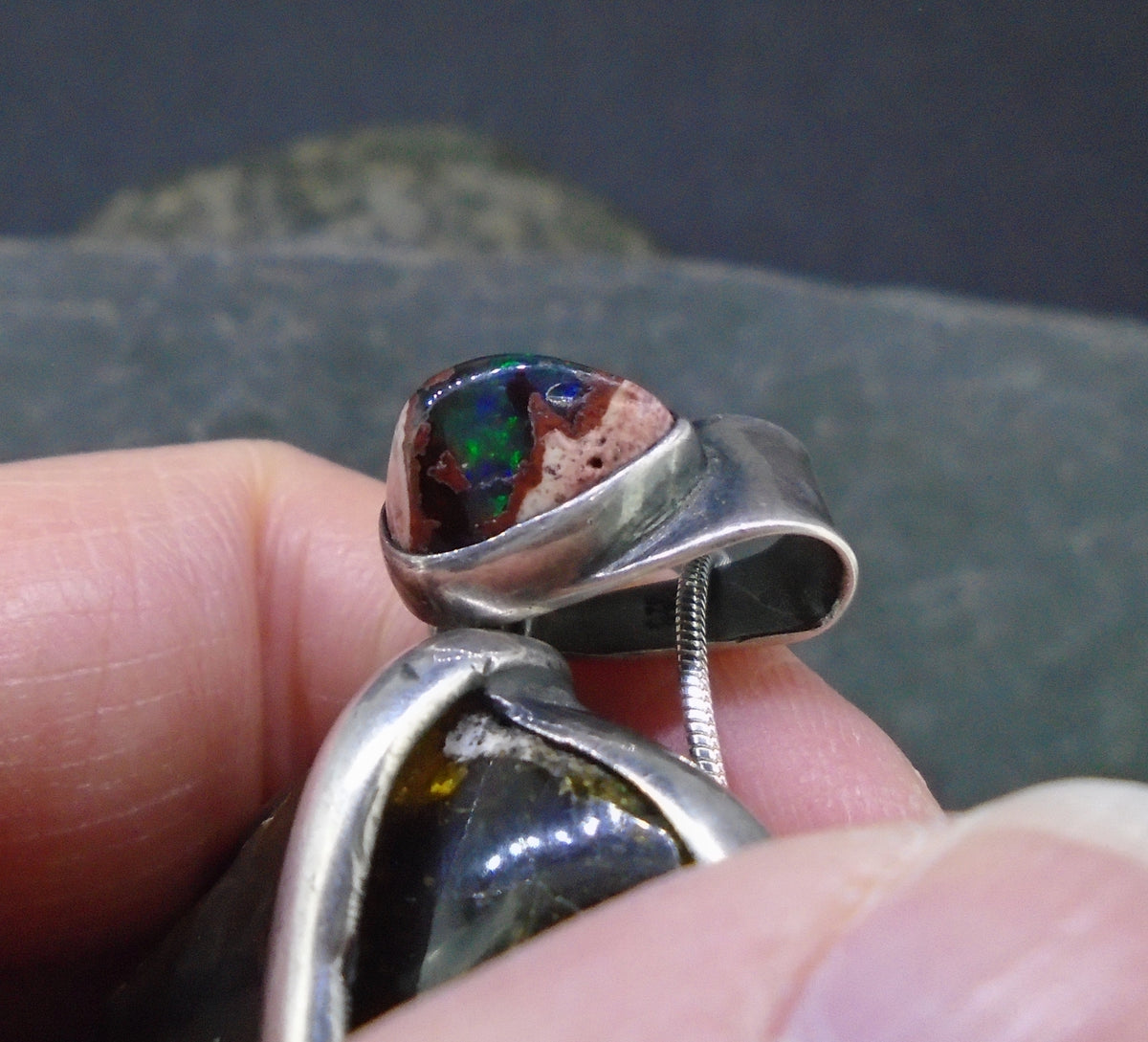 Blue Amber & Mexican Fire Opal  Sterling Silver Pendant image 6