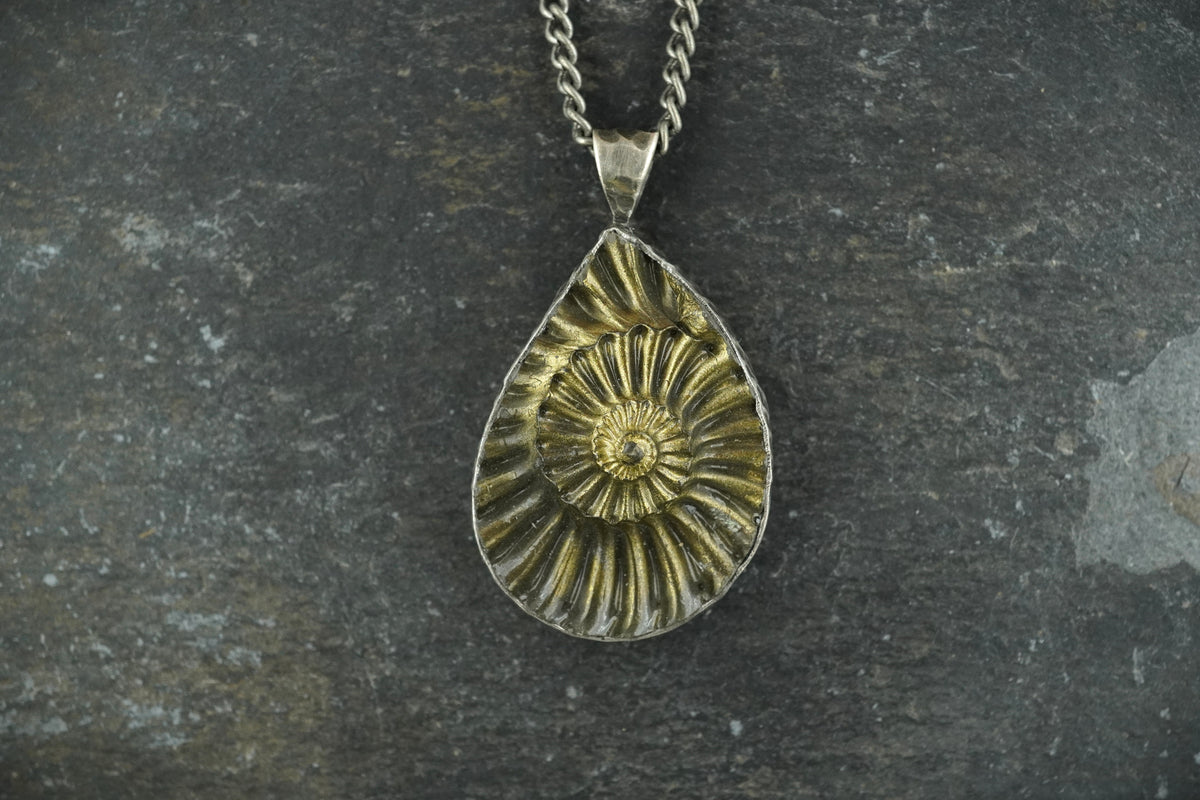 Ammonite Fossil Negative Sterling Silver Hammered Pendant image 0