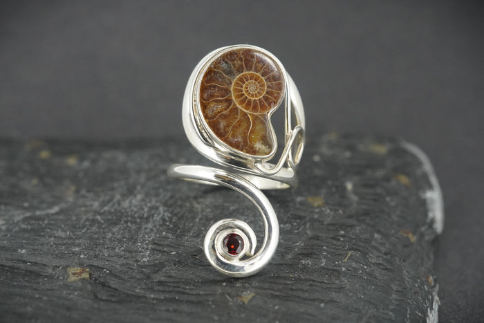 Ammonite & Red Garnet Sterling Silver Ring image 0