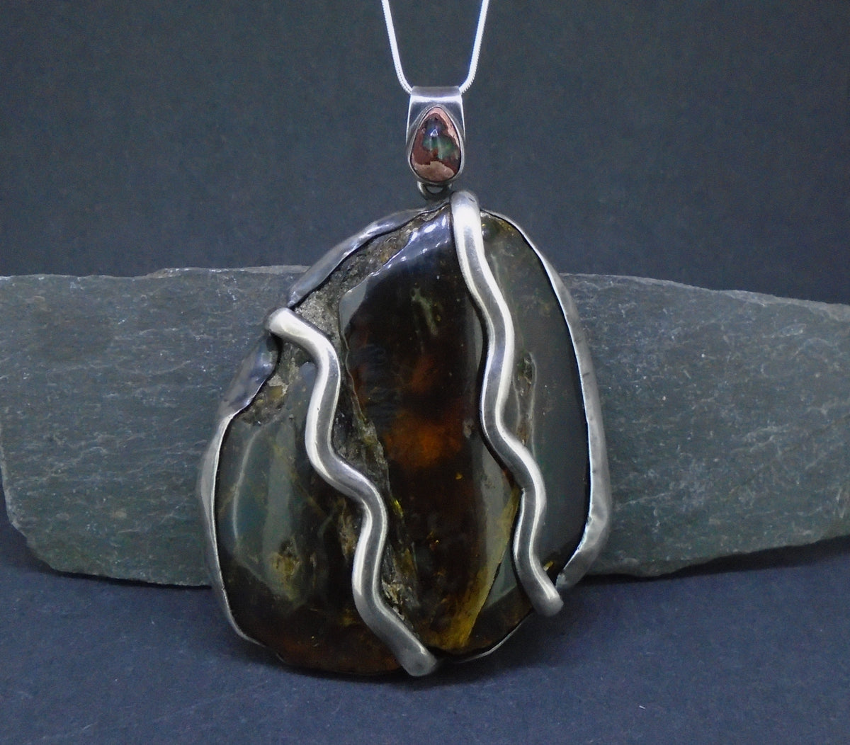 Blue Amber & Mexican Fire Opal  Sterling Silver Pendant image 2