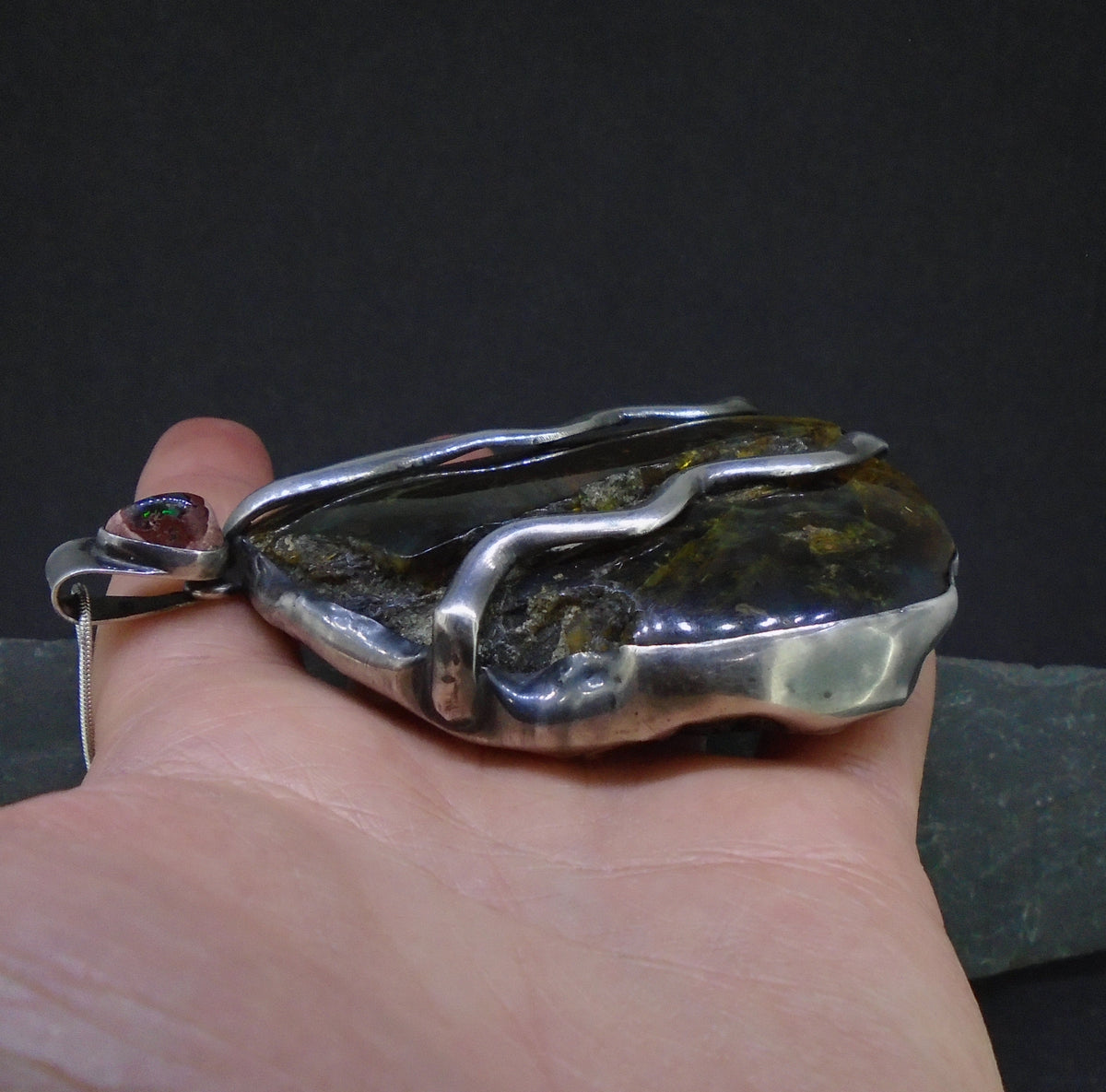 Blue Amber & Mexican Fire Opal  Sterling Silver Pendant image 5