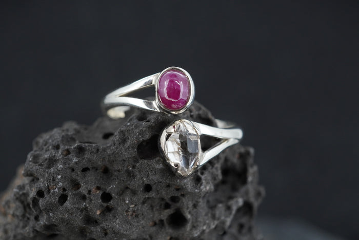 Ruby & Herkimer Diamond Two Stone Sterling Silver Ring image 0