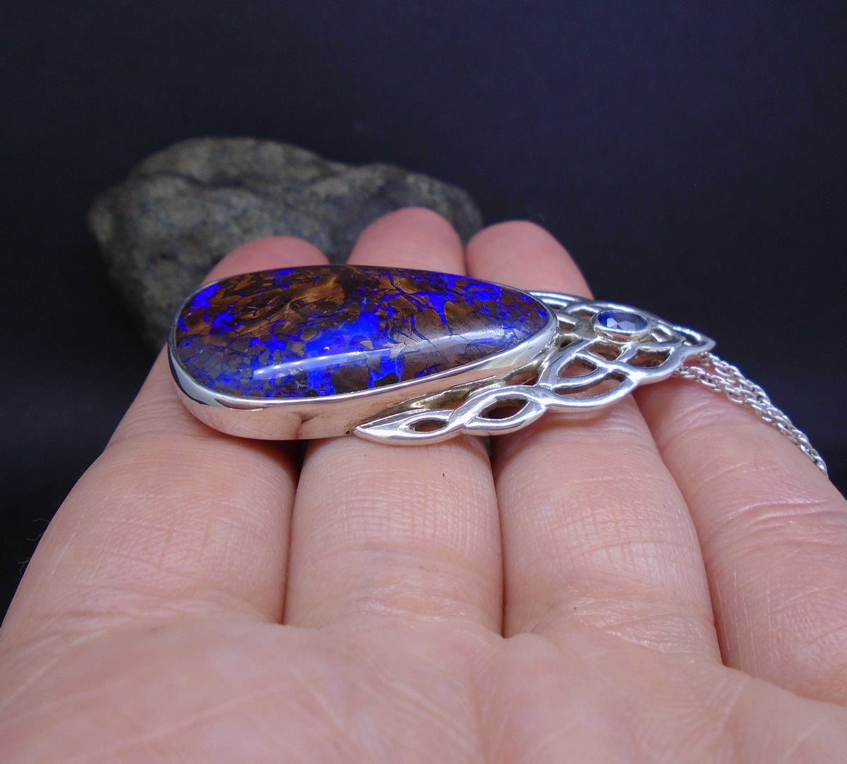 Koroit Opal & Sapphire Sterling Silver Celtic Pendant image 2