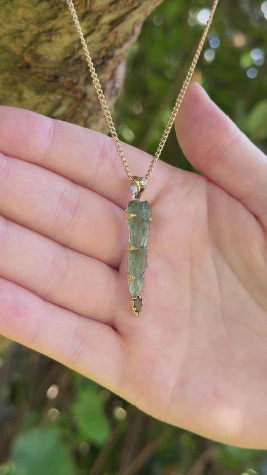Czech Republic Long Sterling Silver Moldavite Pendant with 18ct Gold
