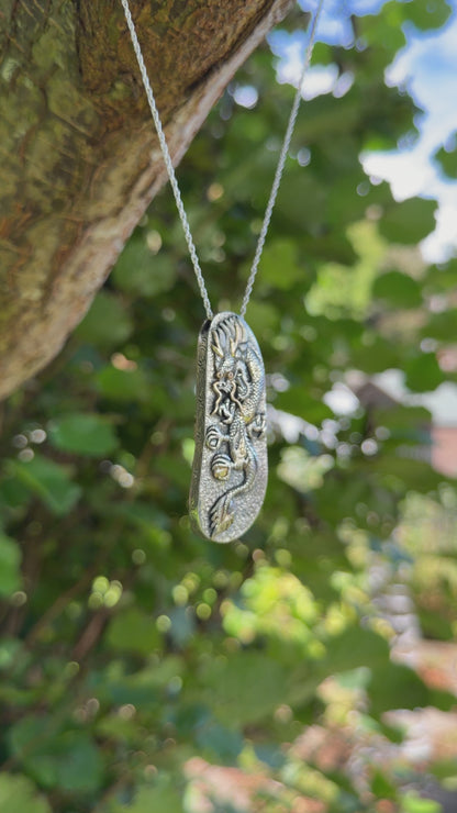 Czech Republic Moldavite & Diamond Pendant with Hand-Carved Dragon