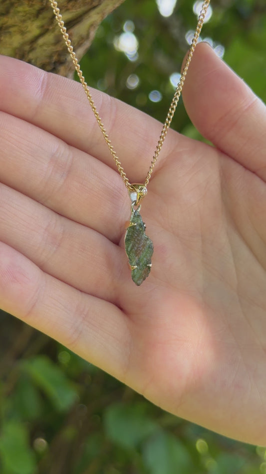 Czech Republic Moldavite & Diamond Sterling Silver Pendant with 18ct Gold
