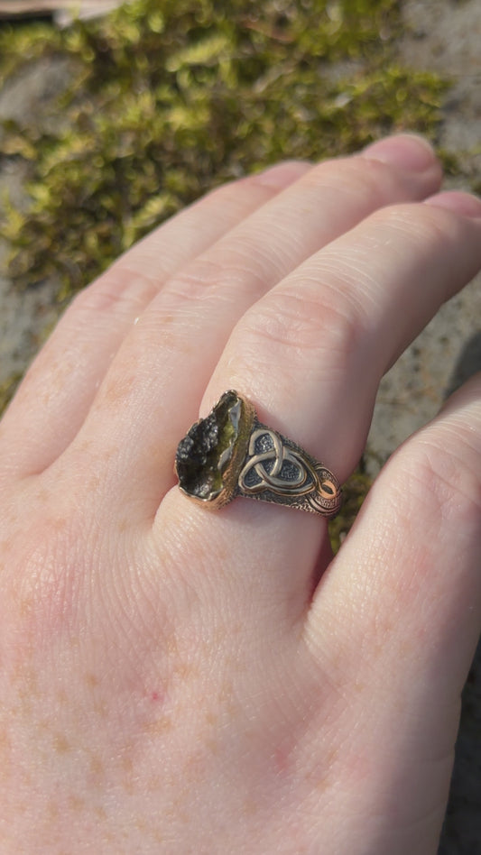 Czech Republic Moldavite Celtic Sterling Silver Ring with 18ct Gold
